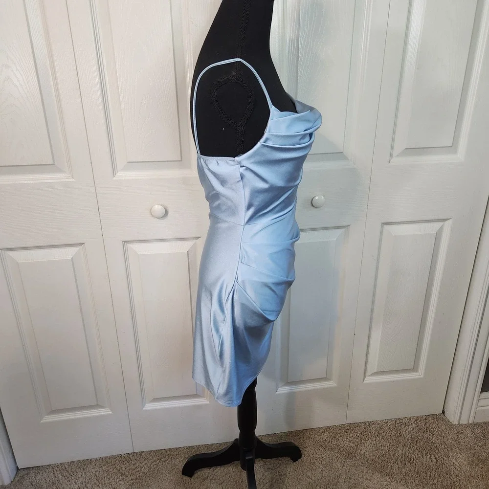 Windsor Light Blue Ruched Satin Cowl Neck Bodycon Mini Dress Large L Stretch